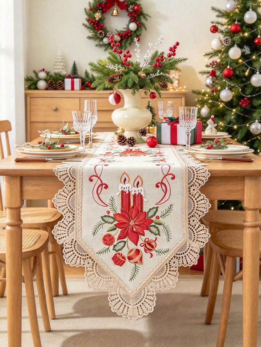ABEST6522 Home&Living store 1pc Christmas Candle And Poinsettia Embroidered Table Runner, Hollow Carved Design, Vintage Christmas Table Decor, Suitable For Dinner Party, Family Gathering, Home Holiday Decoration