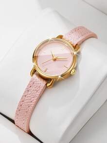 Women's Gift Watch With Embossed PU Leather Strap, Minimalist Dial With Markings, Light Luxury Niche Wristwatch, Gift For Best Friend (1pc/Set) Watch Box Not Included - Pink - View 10