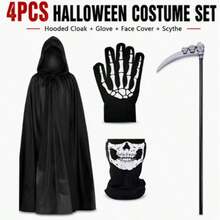 4pcs Halloween Hair Accessories Set, Unisex Adult Grim Reaper Cloak, Party Performance Costume, Wizard Robe, Vampire - View 4