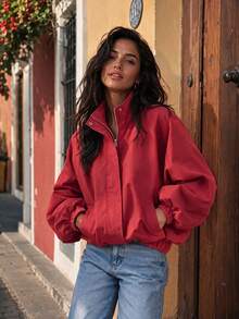Vibrant Red High Neck Zipper Top, Designed For Women, Casual Style, Long Sleeve, Lightweight Jacket - Red - View 2