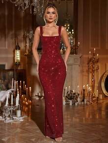 Elegant Sexy Spaghetti Strap Sequin Mesh Rhinestone Backless Dress, Showcasing Feminine Charm, Autumn Wedding Party Red - Red - View 2