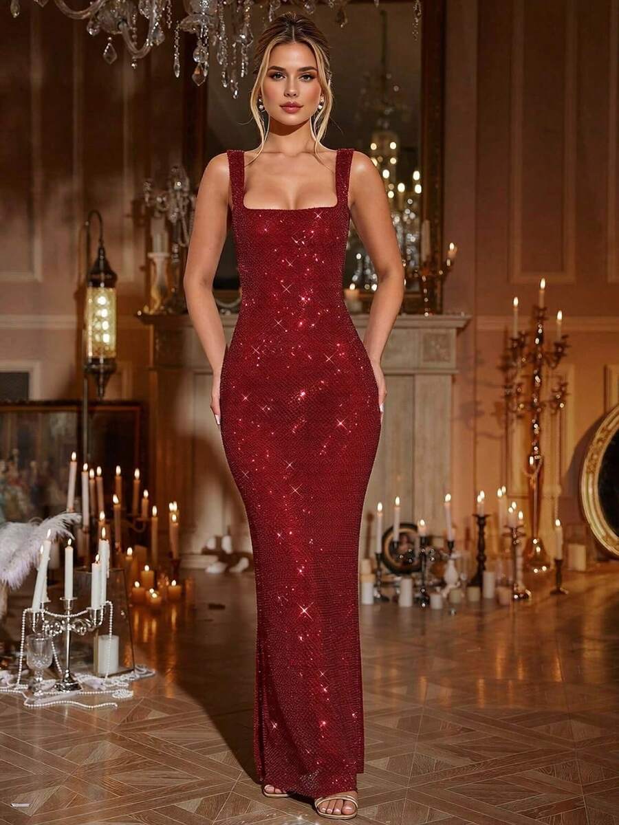 Elegant Sexy Spaghetti Strap Sequin Mesh Rhinestone Backless Dress, Showcasing Feminine Charm, Autumn Wedding Party Red