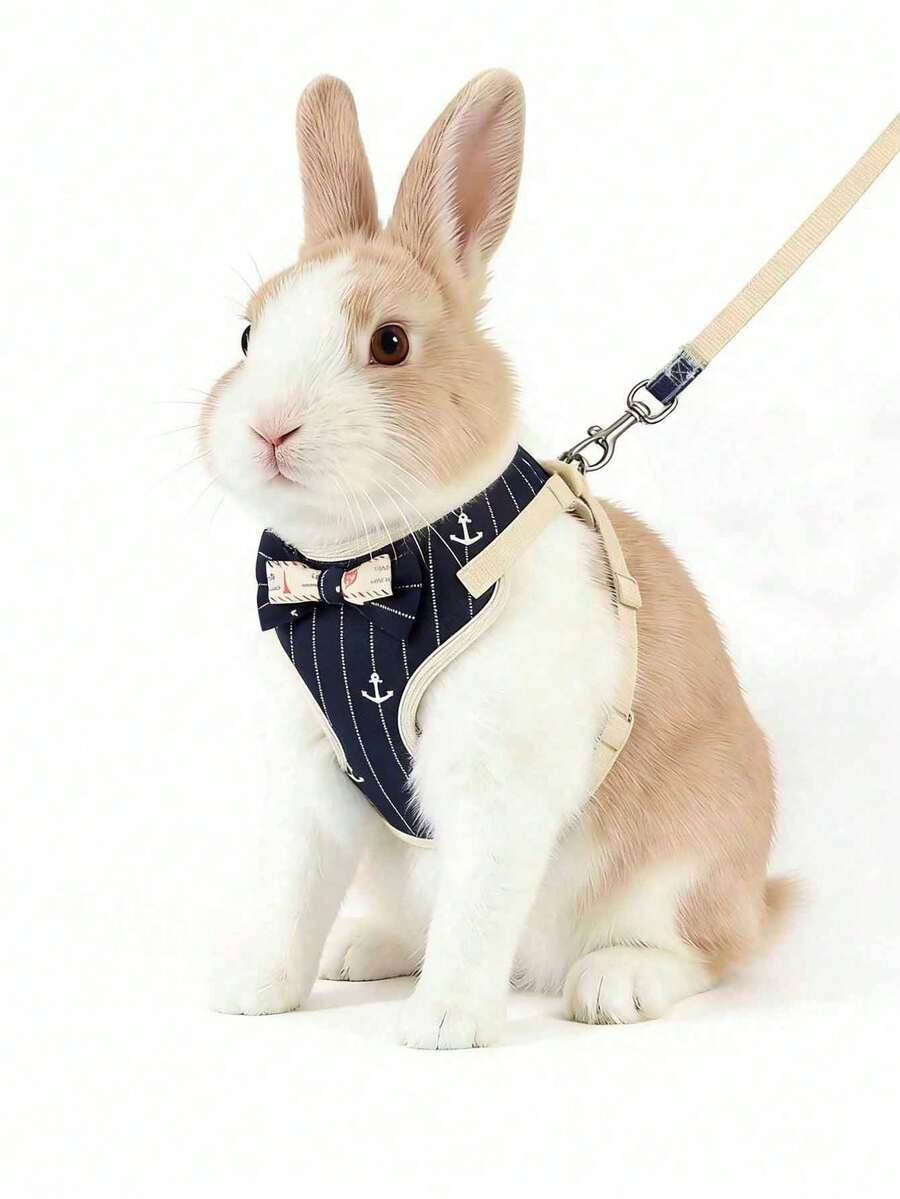 1pc Adjustable Rabbit Harness Leash, Stylish Bow Tie Rabbit Harness, Cute Anchor Pattern, Suitable For Small Pets & Rabbits, Small Animal Collar And Leash, Harness With Leash, Adjustable Leash, Dog Supplies, Cat Supplies