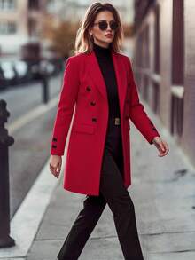 Abrigo Largo Mujer Elegante Tipo Blazer Doble Botón Manga Larga Casual Formal Oficina Invierno Otoño Moda Femenina Gabardina Saco Largo Con Bolsillos Outfit Elegante Moderno Juvenil - Negro - Ver 1