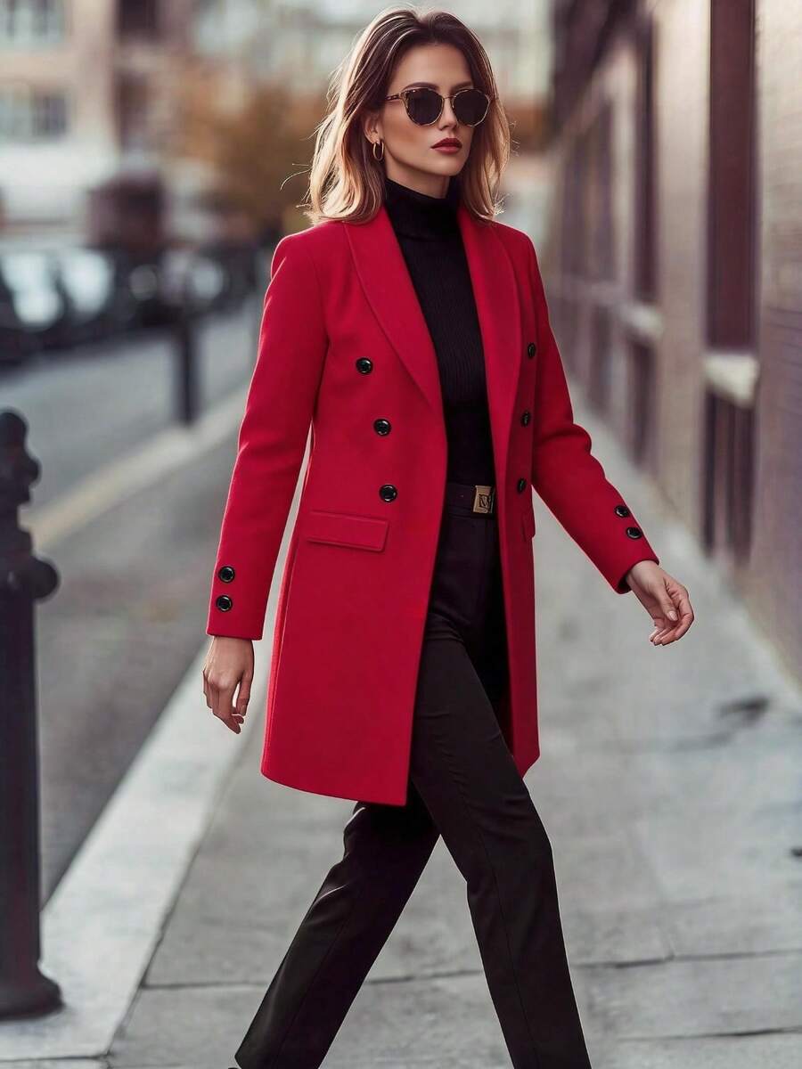 Abrigo Largo Mujer Elegante Tipo Blazer Doble Botón Manga Larga Casual Formal Oficina Invierno Otoño Moda Femenina Gabardina Saco Largo Con Bolsillos Outfit Elegante Moderno Juvenil - Negro - Ver 1