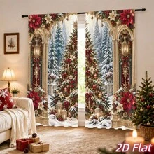2D Flat Print 2Pcs Christmas Scene Curtains, Holiday Winter Wonderland Snowy Tree Pattern Blackout Curtains For Living Room Bedroom Window Decoration, Holiday Home Decor, Country Farm Style Curtains Privacy Protection Easy To Clean - B - View 4