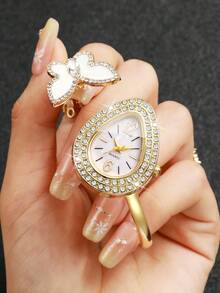 Women's Fashion Casual Water Drop Rhinestone Butterfly Bracelet Quartz Watch, Gift For Girlfriend (1pc/Set) Watch Box Not Included - Gold - View 5