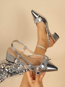 French Luxury Rhinestone Closed Toe Sandals For Women, Single Strap Back Strap Chunky Heel Pointed Toe Pumps, Elegant Bridal Evening High Heels - Silver - View 2
