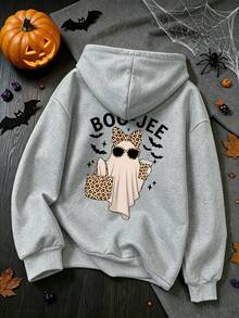Plus-Size Women's Halloween Hoodie With A Leopard Ghost Print, Drawstring Pockets, Casual Sporty Style, Autumn And Winter Top, Pullover. - Grey - View 2
