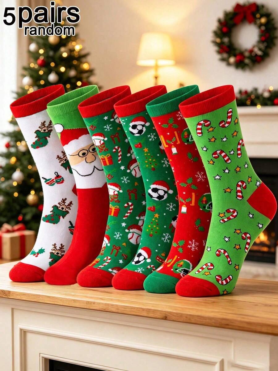 5 Pairs Random Assorted Autumn/Winter Unisex Christmas Cartoon Warm Mid-Calf Socks, Novelty Funny Couple Socks, Suitable For Christmas Gifts, Party Gift Exchange - Multicolor - View 1