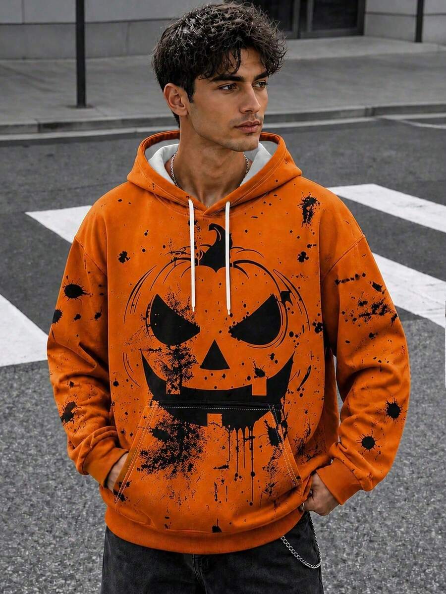 Zrgoth Men's Halloween Pumpkin Pattern Print Drawstring Hoodie, Splatter Design Loose Streetwear Style Pullover Sweatshirt, High Street Casual Top - Orange - View 1