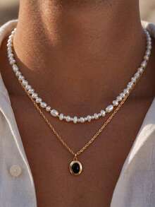 2pcs Fashion Minimalist Geometric Pendant Necklace, Asymmetrical Faux Pearl Necklace Set, Casual Accessory, Ideal Gift For Men - Yellow Gold - View 1