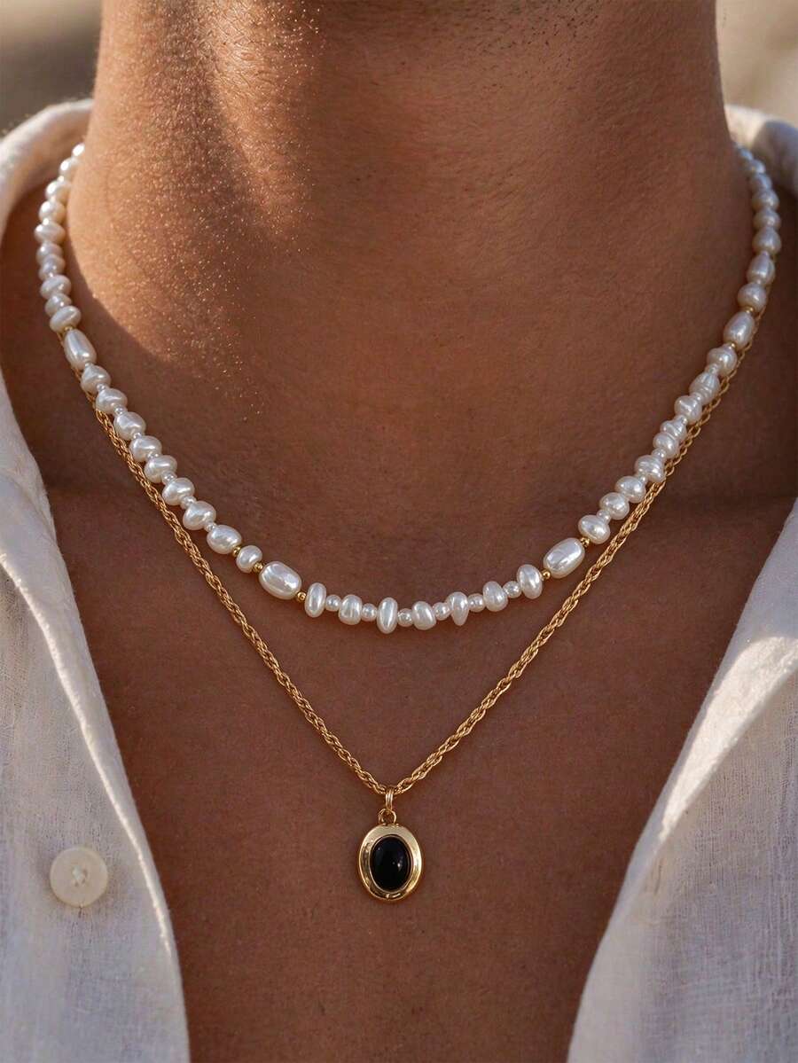 2pcs Fashion Minimalist Geometric Pendant Necklace, Asymmetrical Faux Pearl Necklace Set, Casual Accessory, Ideal Gift For Men - Yellow Gold - View 1
