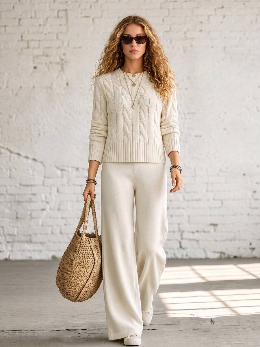 Live To Mo Women's Solid Crew Neck Cable Knit Sweater 2‑Piece Outfit, Long Sleeve Top & Wide‑Leg Knit Pants, Casual Suit For Fall Daily & Commute Wear - Off White - View 1