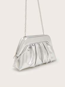 Oversized Women's Elegant Clutch, Minimalist Handbag, Large Capacity Zip Makeup Bag, PU Texture, Suitable For Shopping, Wedding,Party, And Daily Wear - Silver - View 4