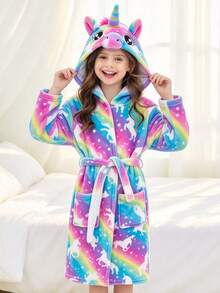 Tween Girls' Rainbow Starry Sky Unicorn Print Hooded Bathrobe - Multicolor - View 5