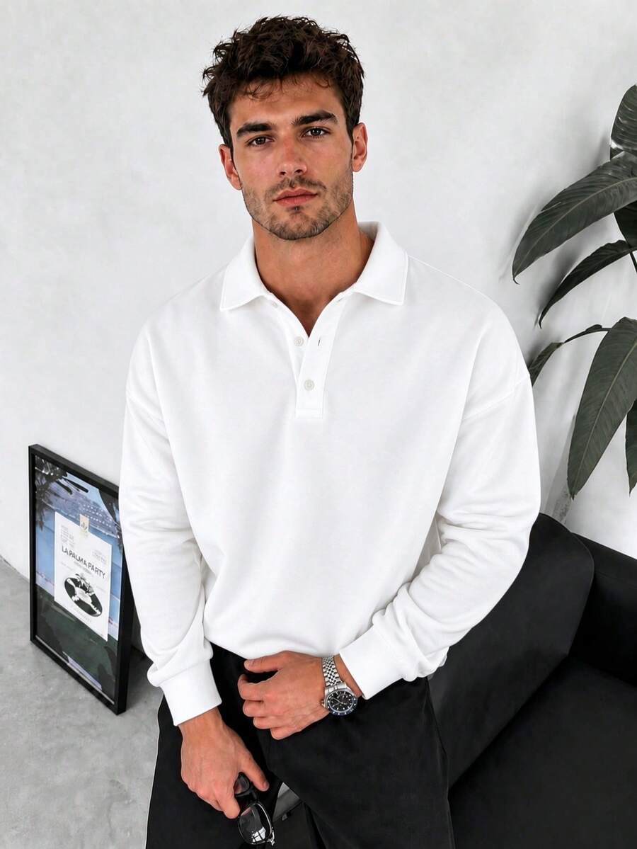 男士寬鬆版型 Polo 領長袖衛衣 素色休閒翻領套頭上衣 春秋日常百搭上衣 - 白色 - 查看 1