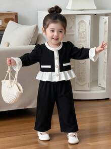 2pcs Baby Girl Luxury Fashion Flared Sleeve Ruffle Hem Faux Pocket Button Front Round Neck Jacket With Solid Color Straight Leg Casual Long Pants Set Spring Autumn - Black - View 1