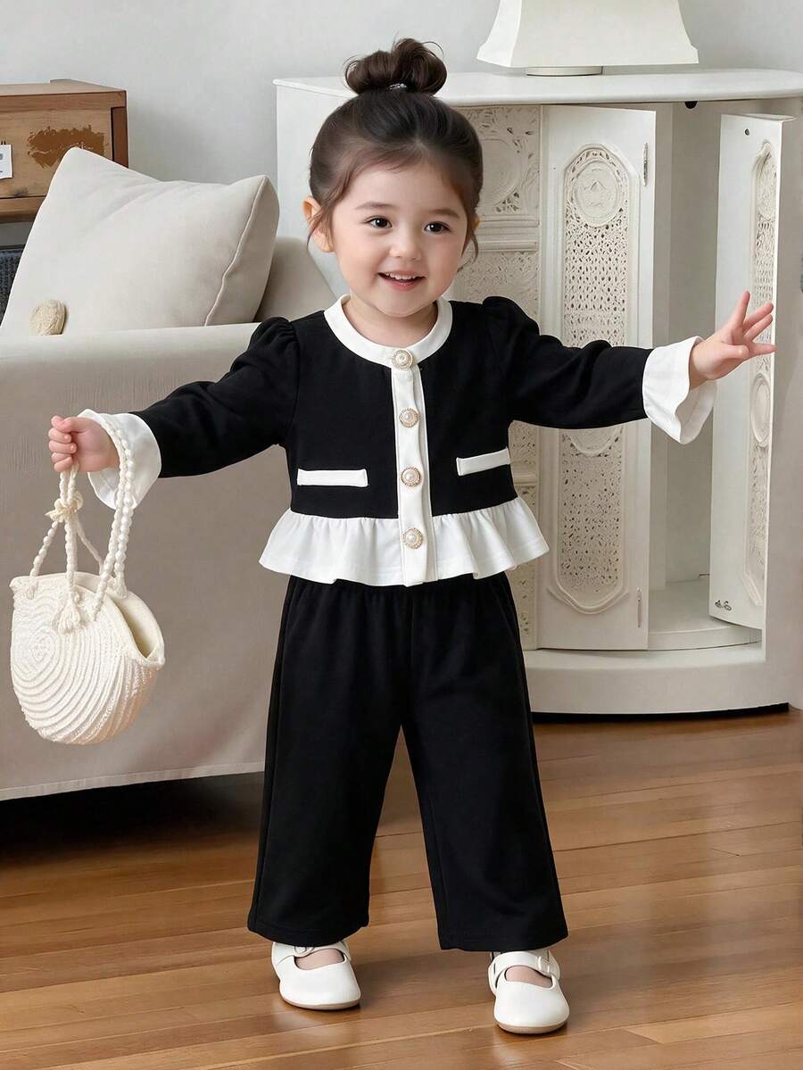 2pcs Baby Girl Luxury Fashion Flared Sleeve Ruffle Hem Faux Pocket Button Front Round Neck Jacket With Solid Color Straight Leg Casual Long Pants Set Spring Autumn - Black - View 1