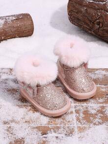 Toddler Girls Glitter Snow Boots, Cute Bow & Rhinestone Decor Fuzzy Collar Warm Fleece Lining Winter Short Princess Ankle Boots, Soft Sole - Pink - View 2