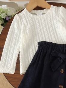 2pcs Baby Girl Fresh Artistic Style Round Neck Long Sleeve Top & Corduroy Bowknot Button A-Line Skirt Set, Spring Autumn Thin - Navy Blue - View 6