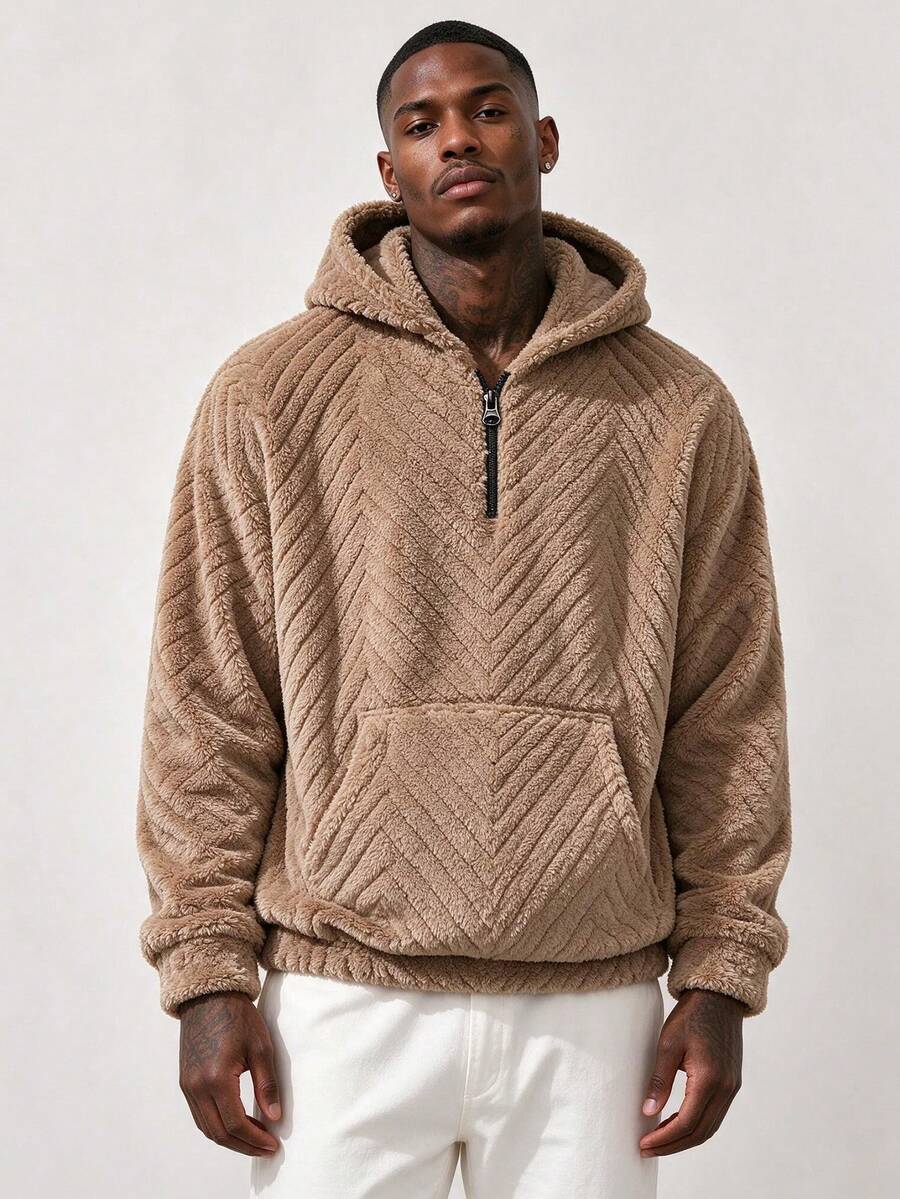 Essential! Light Brown Half-Zip Fleece Sweatshirt, 3D Textured Design + Hooded Style, Streetwear Vibes