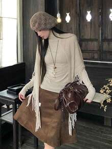 Autumn/Winter Solid Color Long Sleeve Turtleneck T-Shirt - Apricot - View 7