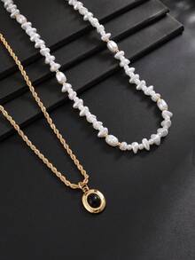 2pcs Fashion Minimalist Geometric Pendant Necklace, Asymmetrical Faux Pearl Necklace Set, Casual Accessory, Ideal Gift For Men - Yellow Gold - View 3