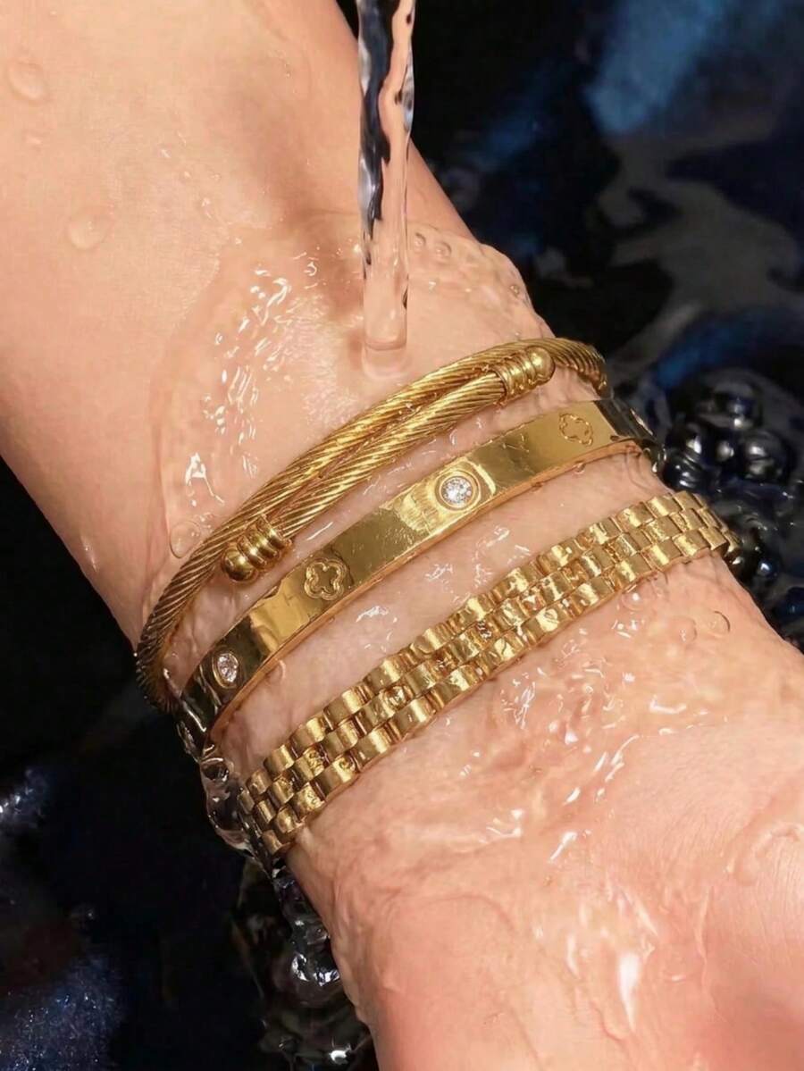 3件/1件 18K鍍金可疊戴手鍊組,防水不氧化不鏽鋼手鐲,螺旋手鍊,四葉草與水鑽設計手腕飾品,女性聖誕禮物,適合日常配戴與派對 - 金色 - 查看 1