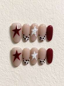 10pcs Handmade Press-On Nails, Autumn/Winter Almond Shape Fake Nails, Nude Base, Burgundy Star, Leopard Print French Tip, White Pearl Star, Glossy Finish, Reusable Nail Stickers, Suitable For Date, Party, Daily Wear - Multicolor - View 2