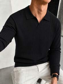 Men's Autumn/Winter Minimalist Solid Color Fashion Casual Turn-Down Collar Long Sleeve Sweater - Black - View 3