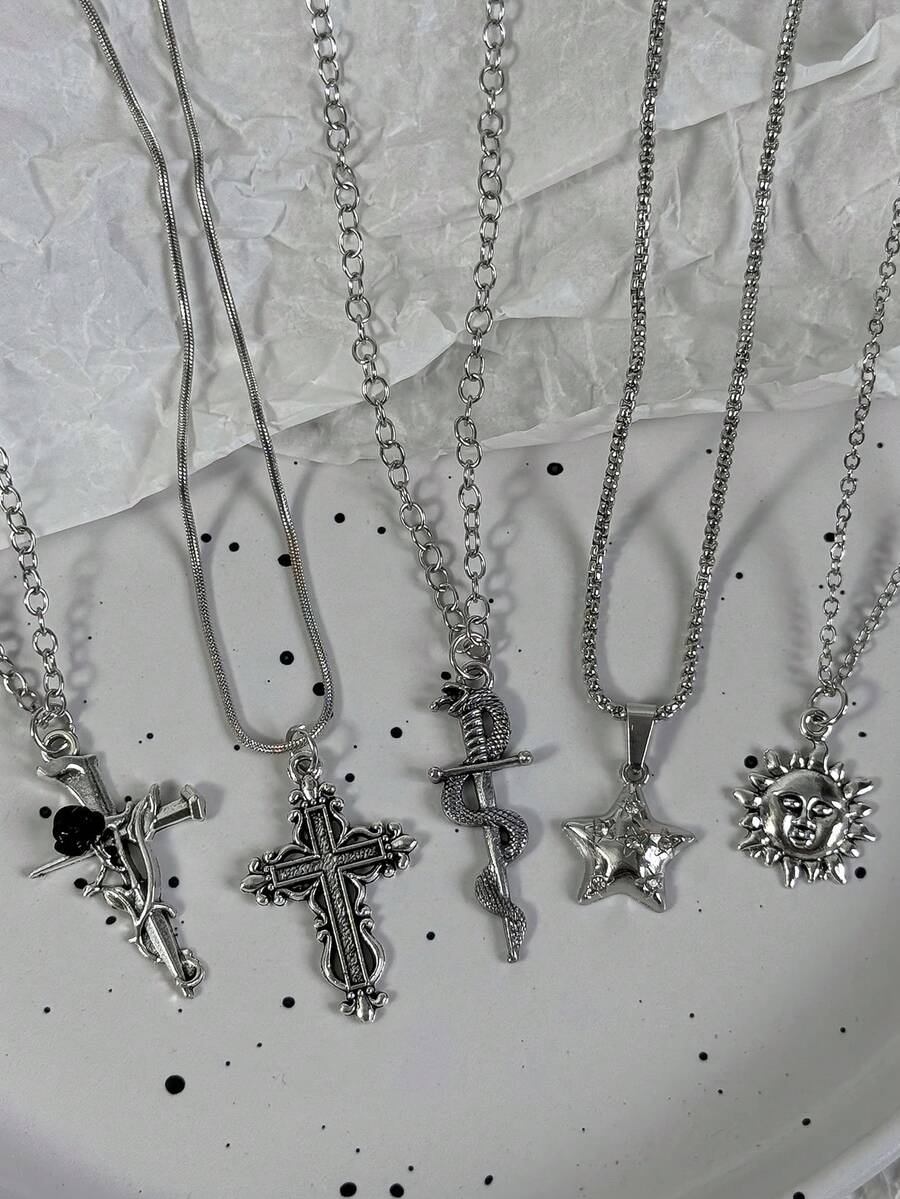 5pcs Dark Gothic Distressed Star Snake Black Rose Cross Sun Face Pendant Necklaces, Unisex Halloween Streetwear Fashion - Silver - View 1