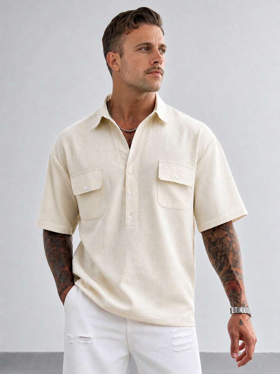 GloMan Men's 100% Pure Cotton White Henley Collar Half-Placket Short Sleeve Shirt, Suitable For Summer/Autumn Daily, Street, Office Commute, Back To School, Perfect For Husband/Father - Apricot - View 1