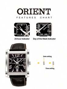 Men's ORIENT Square Automatic Mechanical Watch, Crocodile Embossed Black Leather Strap, Pure Black Dial, Day & Date Display, Suitable For Business And Formal Occasions - Black - View 5