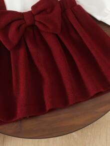 1 buah Gaun Bayi Perempuan Lucu Kerah Tegak Kecil Beludru Lengan Panjang Blok Warna Musim Gugur/Dingin - Burgundy - View 5