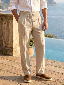 Men's Solid Color Linen Casual Pants, Thin Straight Leg Long Trousers, Breathable Beach Vacation Style, Elastic Waist With Drawstring, Versatile Daily Wear - Khaki - View 1