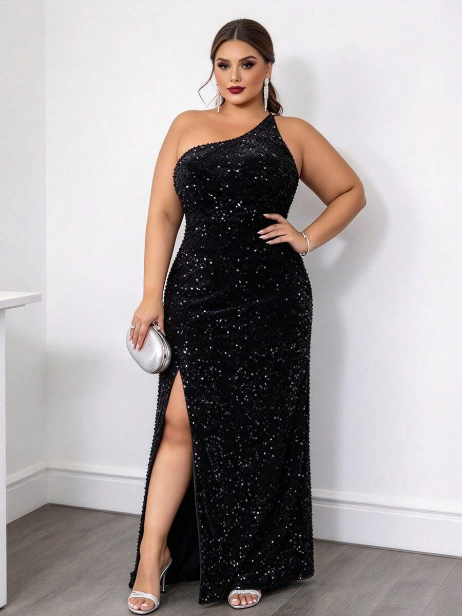 Joyfunear Plus Size One Shoulder Split Thigh Sequin Formal Dress Black Summer Elegant - Black - View 1