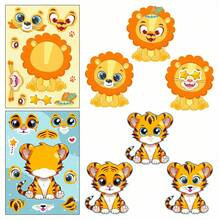 6 Lembar Stiker Puzzle Hewan Hutan, Stiker Wajah Singa, Harimau, Gajah, Jerapah Safari yang Lucu, Stiker DIY Seru untuk Anak-Anak untuk Scrapbooking, Kerajinan Edukatif Interaktif Orang Tua-Anak - MultiWarna - View 3