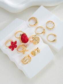 10pcs Simple Fashion Faux Pearl Flower Starfish Faux Shell Metal Asymmetrical Geometric Pattern Stacked Ring Set For Women, Vacation, Date, Gift, Daily Casual, Party, Wedding - Red - View 6