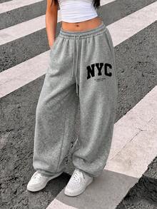 Women's Casual Loose Fit NYC Letter Print Gray Joggers, Fall And Winter Pants - Grey - View 2