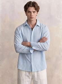 Men's Light Blue & White Striped Long Sleeve Casual Shirt, Relaxed Fit, Minimalist Versatile Design, - Baby Blue - View 1