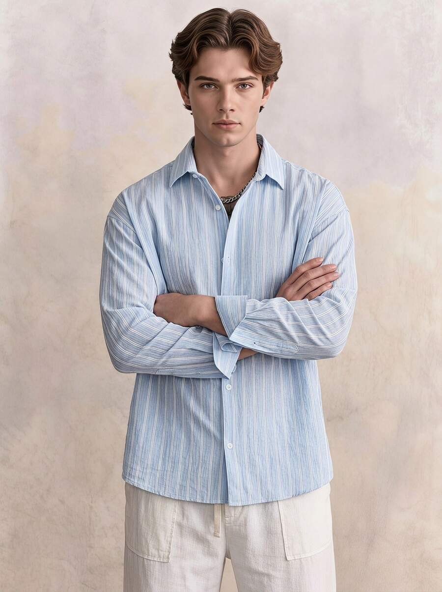 Men's Light Blue & White Striped Long Sleeve Casual Shirt, Relaxed Fit, Minimalist Versatile Design, - Baby Blue - View 1