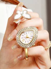 Women's Fashion Casual Water Drop Rhinestone Butterfly Bracelet Quartz Watch, Gift For Girlfriend (1pc/Set) Watch Box Not Included - Gold - View 4