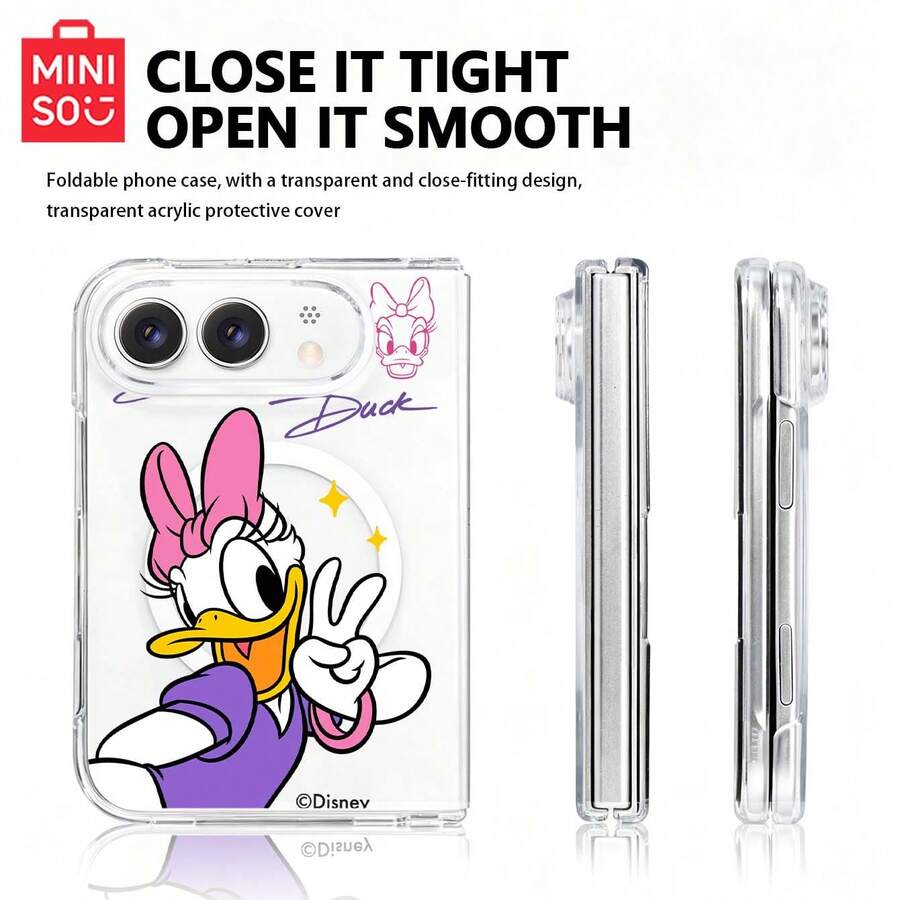 Miniso Disney Daisy Duck Phone Case Cute Cartoon Creative Women's Style For IPhone Duo, IPhone 18 Foldable Screen Protective Cover, Transparent Acrylic Magnetic Support Wireless Charging Hard Shell, Simple Personalized Sweet - Clear - View 1