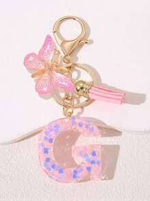 Women's Fashion Initial Keychain With Cute Butterfly Tassel Sequin Resin Letter Key Ring Pendant, Backpack Wallet Handbag Car Key Chain Charm, Valentine's Day Gift For Girlfriend - Pink - View 32