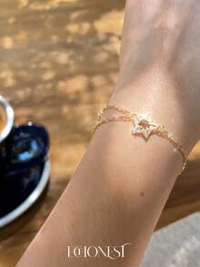 EchoNest 1pc Gold-Colored Stainless Steel Colorful Gemstone Star Linked Finger Bracelet Double Layer Finger Chain Decoration Accessory For Vacation Party - Yellow Gold - View 3