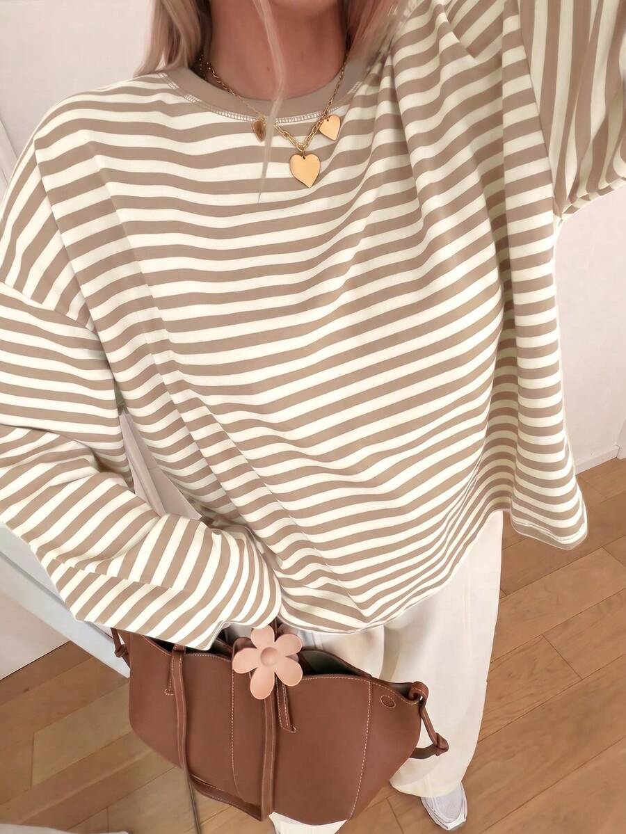 Women's Casual Round Neck Drop Shoulder Long Sleeve Striped Christmas Black & Red Contrast Ribbed Everyday T-Shirt