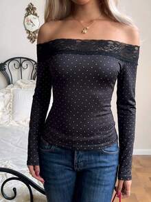 SCARLUX Fall Winter Women Y2K Polka Dot Long Sleeve Top, Lace Trim Off‑Shoulder Fitted Tee For Back To School, Street, Daily Commute - Black - View 3