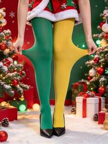 1 Pair Women's Yellow & Green Colorblock Tights, Asymmetrical Multicolor Pantyhose For Christmas Party & Cosplay - Multicolor - View 4