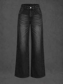 New Women's Multi-Button Wide Leg Casual Jeans - High Quality Denim, Fashionable And Comfortable Spring Black Fall - Black - View 5